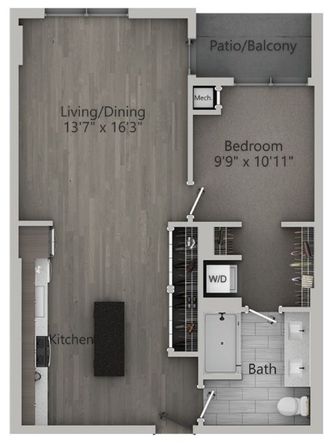 Floor plan for 1 bed, 1 bath, 761 sqft